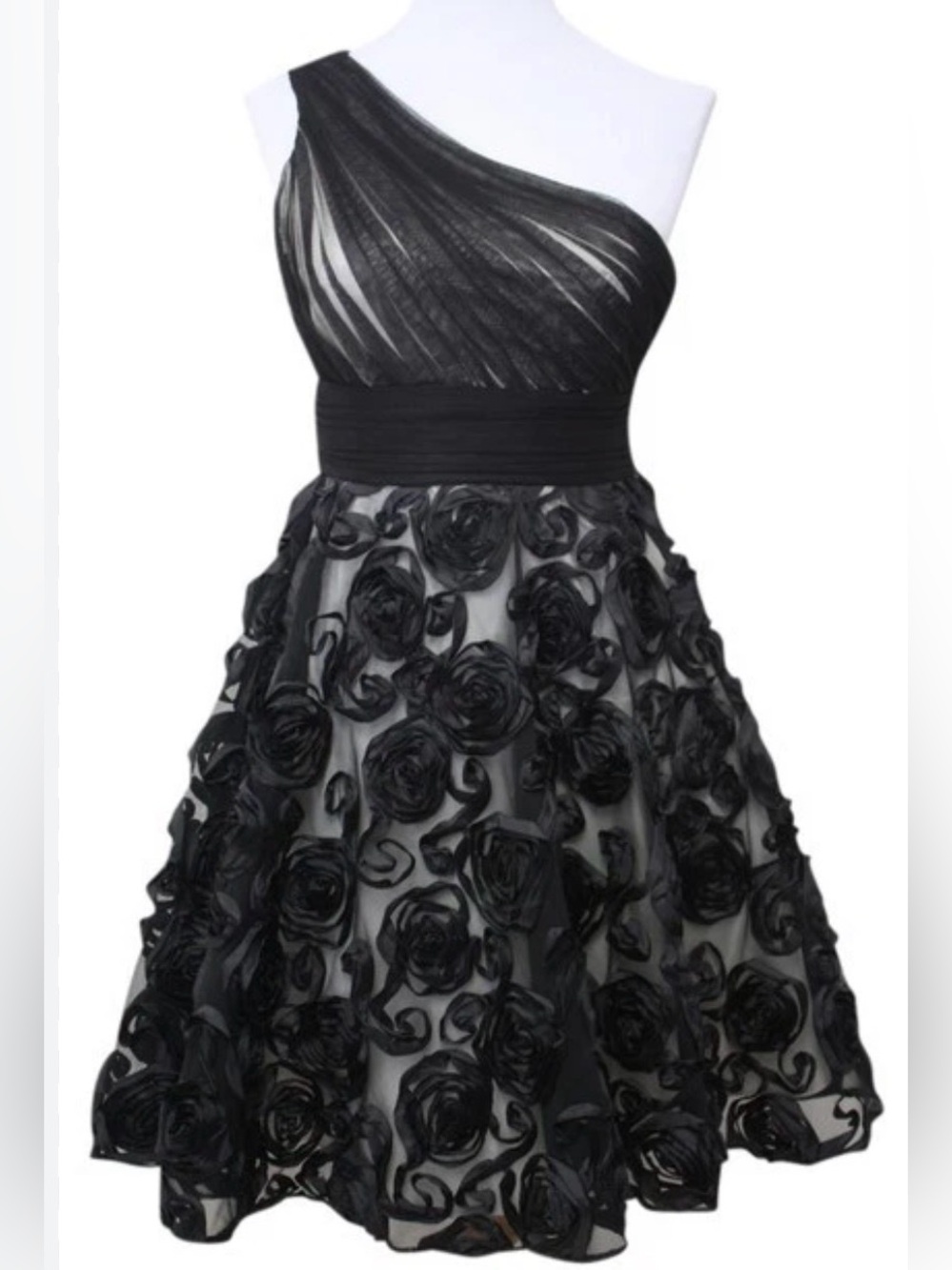 Jill Stuart Black One Shoulder Rosette Cocktail Dress Floral Ribbon Size 4